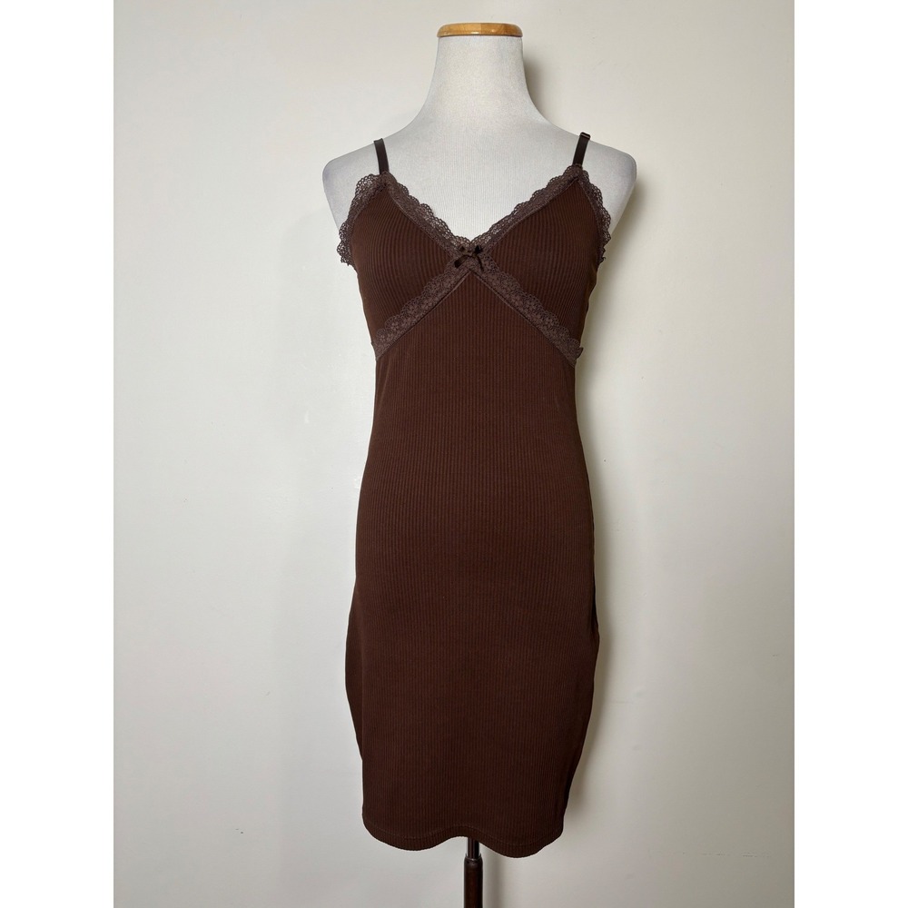 H&M Divided Y2K Brown Ribbed Knit Babydoll Slip Dress S‎ BodyCon Indie Grunge